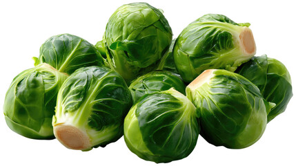 Fototapeta premium Pile of Brussels Sprouts: A vibrant, top-down perspective captures a neat arrangement of fresh, raw Brussels sprouts, each displaying its characteristic tight leaves.