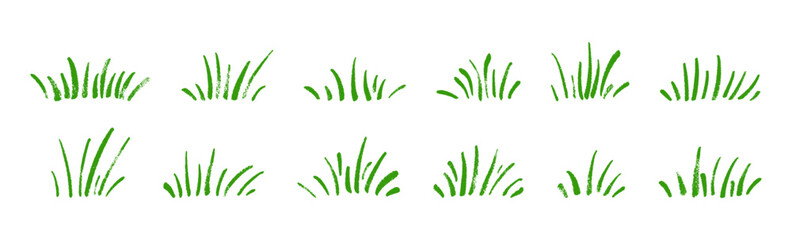 Cartoon grass and tree icons. Flat garden landscape with green bush elements. Flat vector illustration isolated on white background.