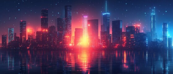 Fototapeta premium Neon Cityscape at Night: Futuristic Metropolis Reflecting on Calm Waters