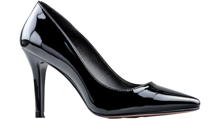 Elegant High Heel: A close-up of a single, sleek, glossy, black high heel, showcasing its sophisticated design and refined style.