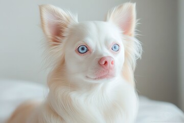 Obraz premium Albino Chihuahua with blue eyes sitting indoors 