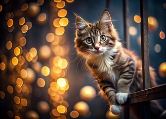 Adorable Hanging Cat in Low Light, Cute Feline Posing in Dark Room