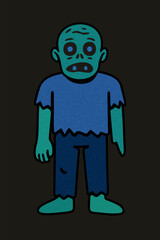 Sad blue zombie character in retro style. Creepy Halloween mood, naive hand-drawn look.