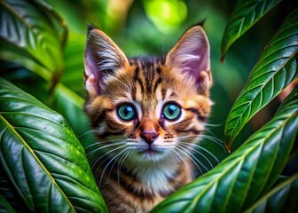 Adorable Iriomote Wildcat Kitten Playing in Lush Jungle Foliage