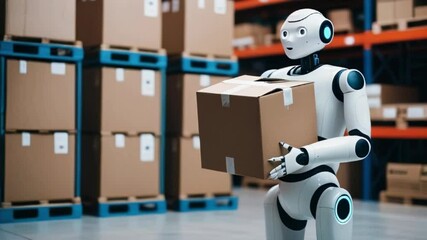 humanoid robot carrying a cardboard box in a warehouse for delivering ecommerce products orders setting with shelves in the background created with generative ai