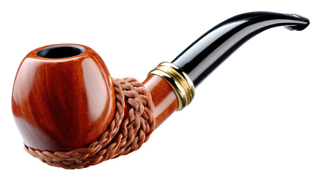 Smoking Pipe Closeup: A meticulously crafted smoking pipe, featuring a richly-hued wooden bowl intricately adorned with a woven band, and a classic, curved stem with a black ebonite mouthpiece.