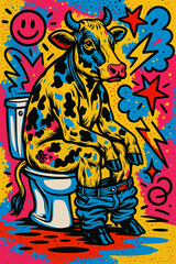 Fototapeta premium cow toilet art , funny cow, bathroom humor, farm animal 