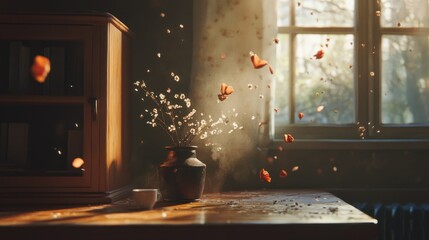 Sunlit Room with Falling Petals and a Vase of Flowers