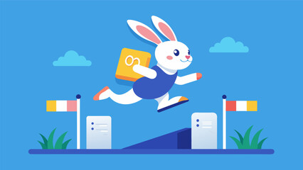 A playful rabbit hops over a series of virtual hurdles guided by her owners encouragement and the apps fun training program.. Vector illustration