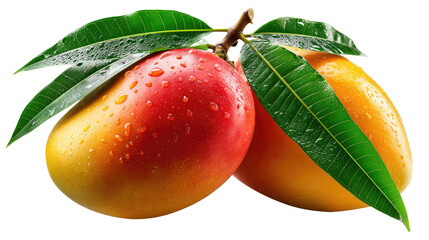 Tropical Mango Duo: This photo presents two succulent, ripe mangoes with vibrant hues, nestled amongst fresh green leaves. The dewy droplets accentuate the fresh fruit's appeal.