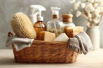 Fototapeta premium Wicker Basket of Natural Cleaning Supplies and Wooden Brushes, Close up