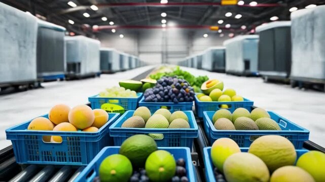 Crates of fresh grapes, melons, and avocados on a conveyor belt, with a backdrop of frost-covered cooling systems in a massive warehouse. created with generative ai