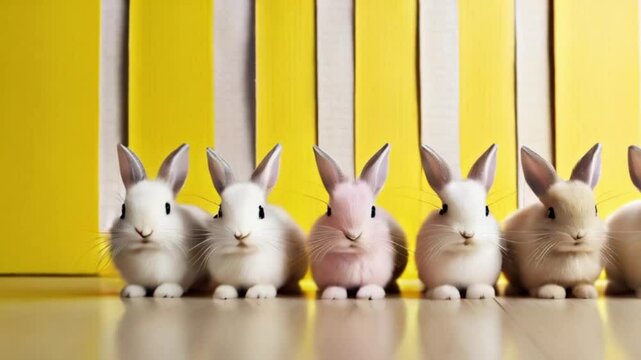a row of six to eight adorable Easter bunnies, with soft, fluffy fur in shades of white, beige, and pale pink, lined up against created with generative ai