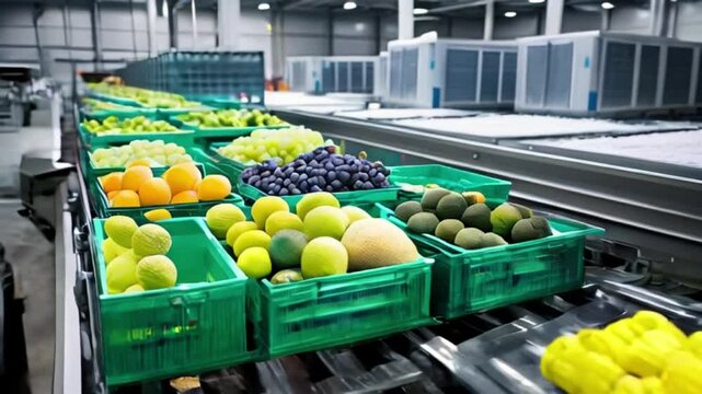 Crates of fresh grapes, melons, and avocados on a conveyor belt, with a backdrop of frost-covered cooling systems in a massive warehouse. created with generative ai