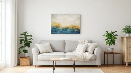 Fototapeta premium Muted hues of gold, blue, and cream abstract artwork in a modern living room.