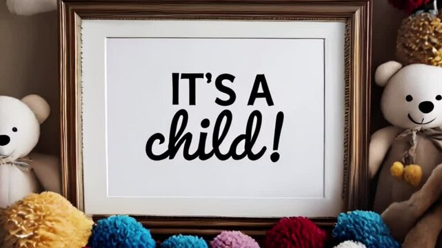 A cozy nursery scene with a framed sign that says "It's a child!", surrounded by plush stuffed animals, colorful pom-poms, and other decorative elements created with generative ai