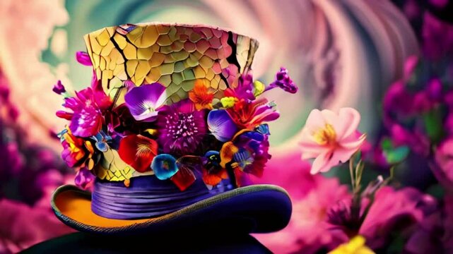 Close-up of a cracked colourful vintage top hat amidst whimsical flowers. Mad hatter vibe background created with generative ai