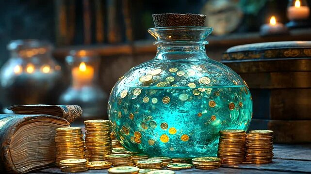 Teal potion bottle, gold coins, study, magic