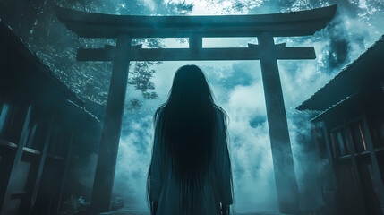 Woman with long black hair standing alone in a traditional japanese shrine at twilight, eerie and mystical atmosphere, ghostly presence, chaos - onryo. Phantasmal Shrine. Illustration