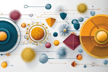 Obraz premium Visual Representation of a Dynamic and Healthy Immune System Featuring Colorful Shield and Microorganism Forms