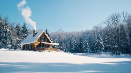 Cozy Log Cabin in Winter Wonderland with Snow
