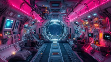 Fototapeta premium Neon-Lit Spaceship Corridor: A Futuristic Journey Through the Cosmos