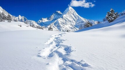 Fototapeta premium Snowy Mountain Landscape Under Clear Blue Sky