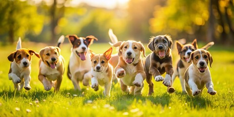 Adorable Puppy Playground: Drone View of Diverse Dog Breeds