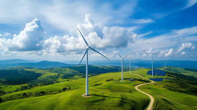 Wind turbine array on rolling green hills, a sustainable energy panorama - Powered by Adobe