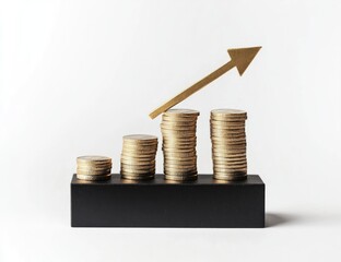 Gold coins stacked in ascending order with an upward arrow, symbolizing financial growth.