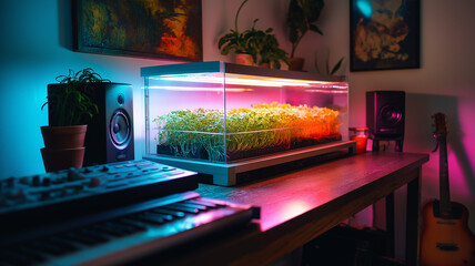 Microgreen farm in apartment studio, colorful lights and vibrant greens, music equipment nearby, artistic lifestyle blend, cozy photo style