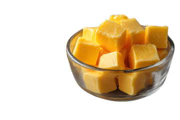 Cubes of Cheese in a Glass Bowl on Black Background  Culinary Delight for Food Enthusiasts and