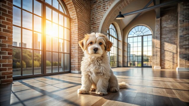 Adorable Sapsali Puppy Posing in a Modern Minimalist Architectural Setting
