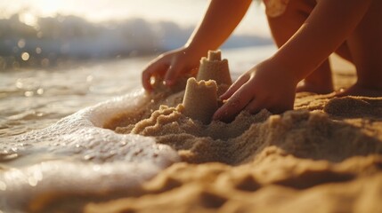 Building a sandcastle on the beach as gentle waves lap the shore during a summer vacation
