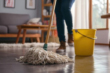 Woman Mopping Hardwood Floor in Modern Living Room