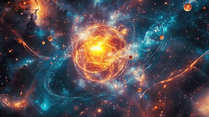 Fiery Cosmic Nebula with Planets and Star Trails