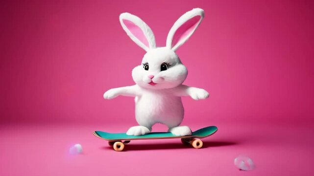 illustration of a fluffy Easter rabbit wearing trendy, black sunglasses skating on a skate board with bright pink background, created with generative ai