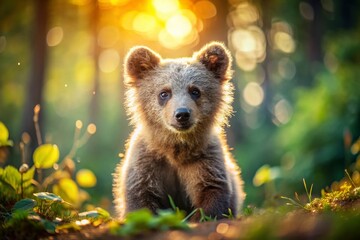 Obraz premium Adorable Speckle Bear Cub in Soft Bokeh Forest Setting