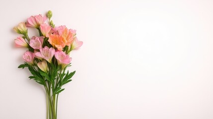 Delicate pastel bouquet of flowers.  Soft pinks and peaches on a white background.  A gentle arrangement of blossoms