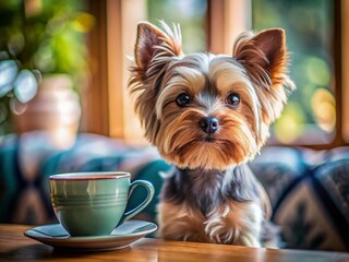 Adorable Teacup Yorkie Puppy Dog Posing for Camera, Candid Documentary Style Photo