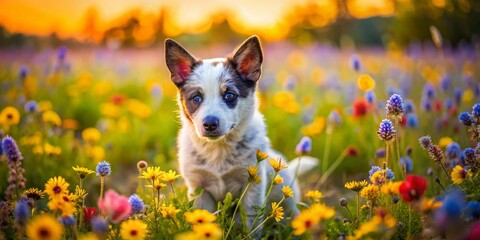 Adorable Texas Heeler Puppy Aerial View, Cute Blue Merle Cattle Dog Pup Overhead Shot