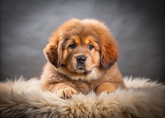 Adorable Tibetan Mastiff Puppy - Fluffy Lion Dog Portrait Stock Photo