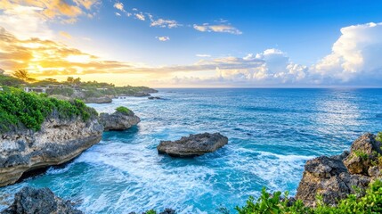 Obraz premium Serene Coastal Sunset Over Rocky Shoreline Beauty