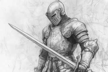 Obraz premium pencil drawing of a medieval knight in armor