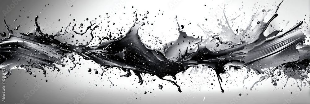 Poster dynamic splash of black paint creating an energetic effect resembling an oil burst on a white backgr