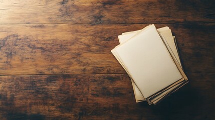 Stack of papers on a wooden table