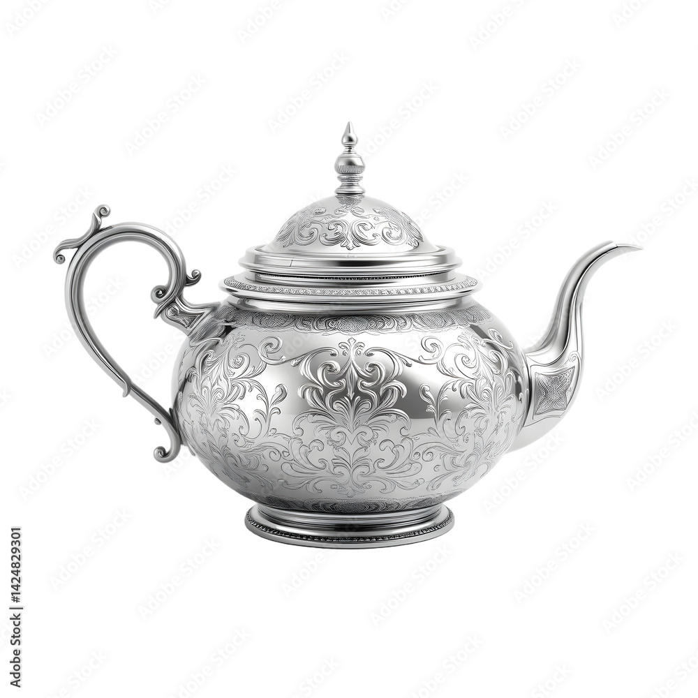 Poster elegant silver teapot, detailed craftsmanship, a beautiful piece of tableware for serving. isolated 