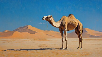 Majestic Camel in the Sahara Desert: A Lone Traveler under a Vast Blue Sky