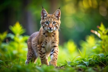 Fototapeta premium Adorable Young Bobcat Kit in Natural Habitat, Right Side Copy Space