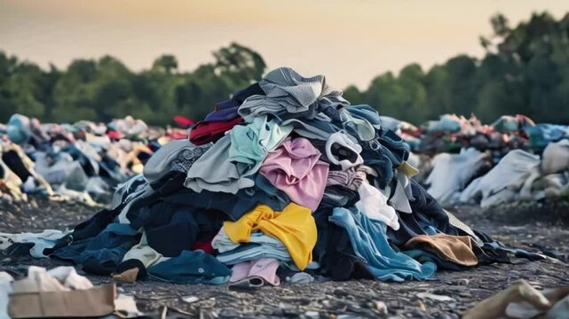 pile of old clothes in a landfill, fast fashion Garments factory waste, dumping sites, waste clothes Concept, Garment Wastes, Textile Garbage from factory outlet, created with generative ai